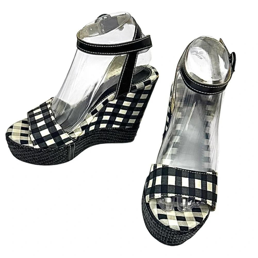 Save The Queen Wedge Sandals Black White Fabric Checks EU 37 US 7 Made In Italy